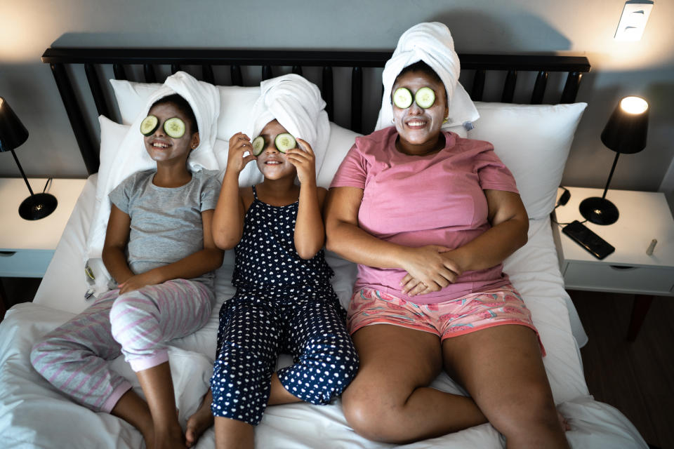 little girls doing skincare at home with their mom