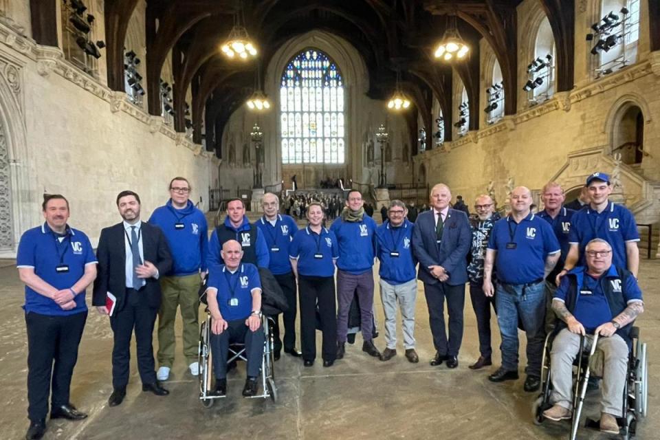 Stephen Crabb MP, VC Gallery founder Barry John, and Colonel James Phillips, Veterans Commissioner for Wales with members of The VC Gallery in Westminster Hall. <i>(Image: Stephen Crabb)</i>