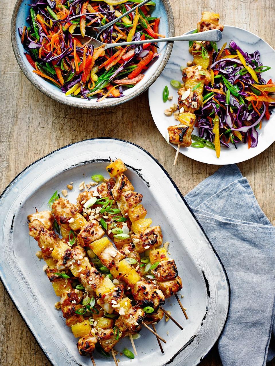 Chicken and Pineapple Satay Skewers with Rainbow Salad