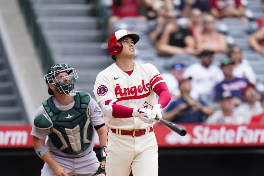 Los Angeles Angels' Shohei Ohtani, of Japan, watches after hitting a home run during the seventh inning.