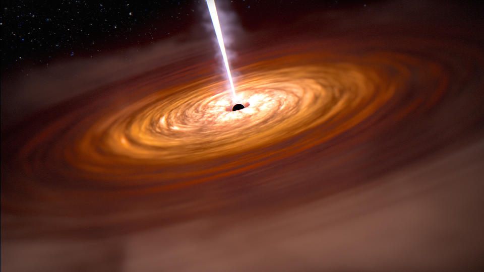 An artist's impression of the central engine of a quasar: the accretion disk around a supermassive black hole and the jet of particles that are blown out at almost the speed of light.