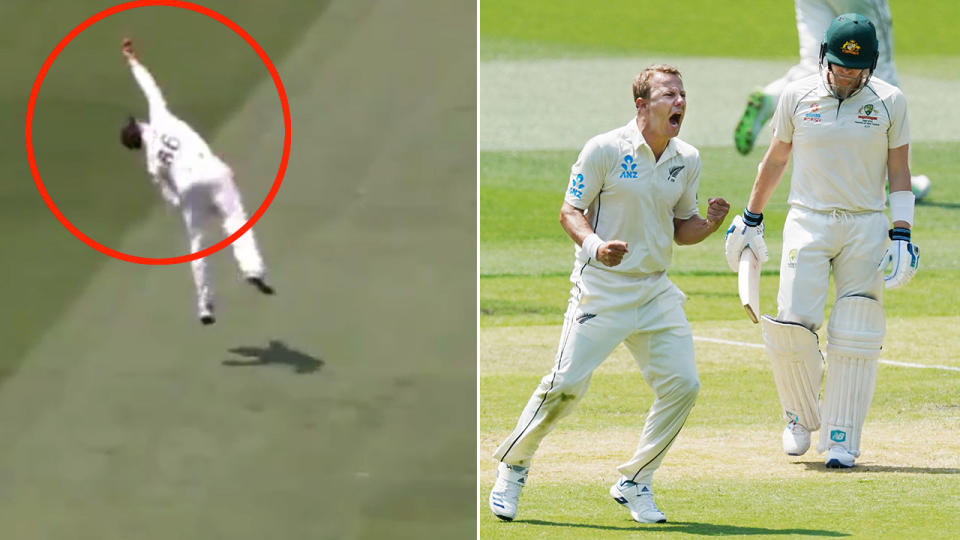 Pictured here, Henry Nicholls' superb catch removed Steve Smith for 85 at the MCG.