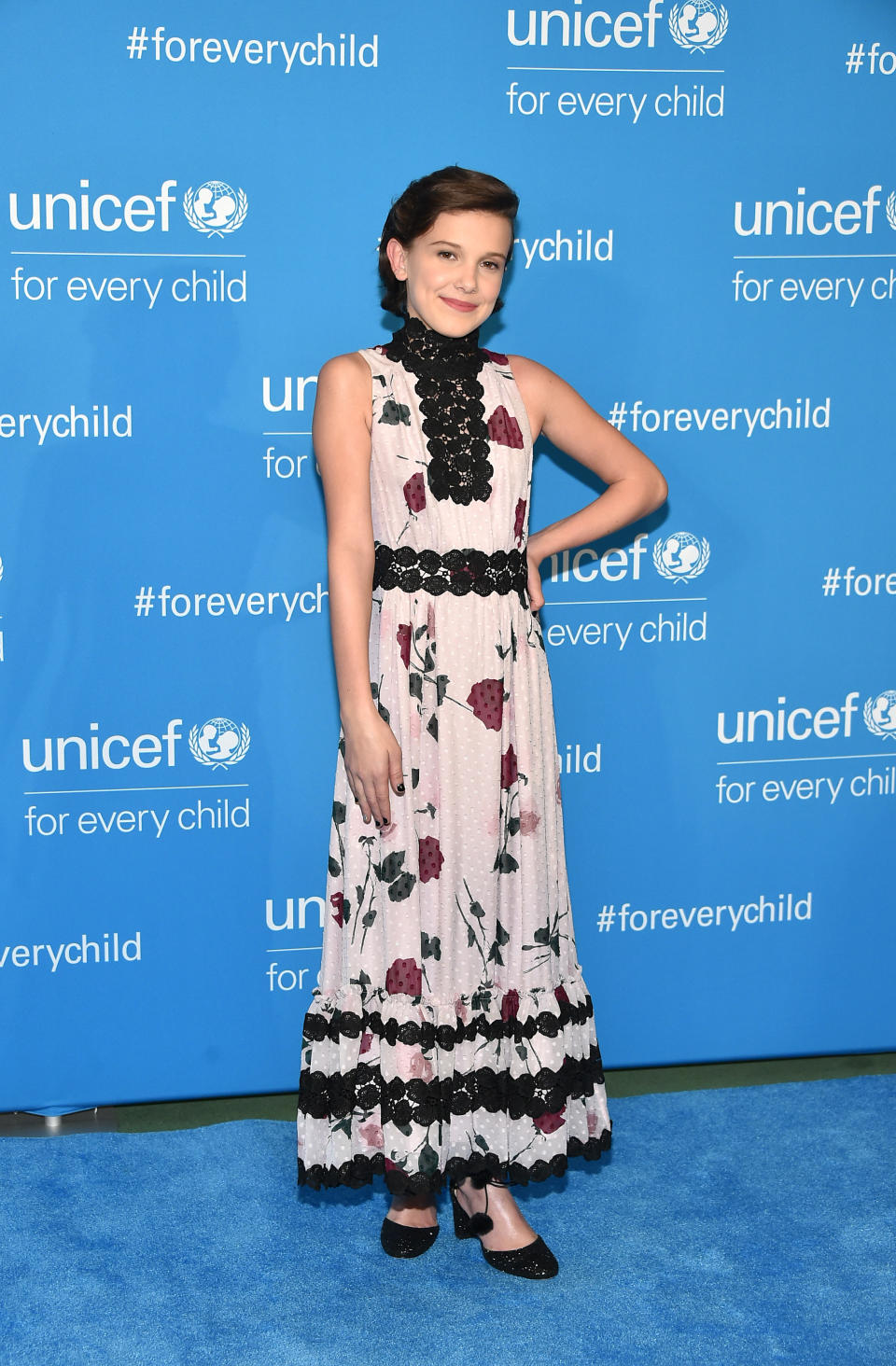 <p><em>Stranger Things</em> star Millie Bobby Brown wearing a long Kate Spade gown n 2016. Source: Getty </p>