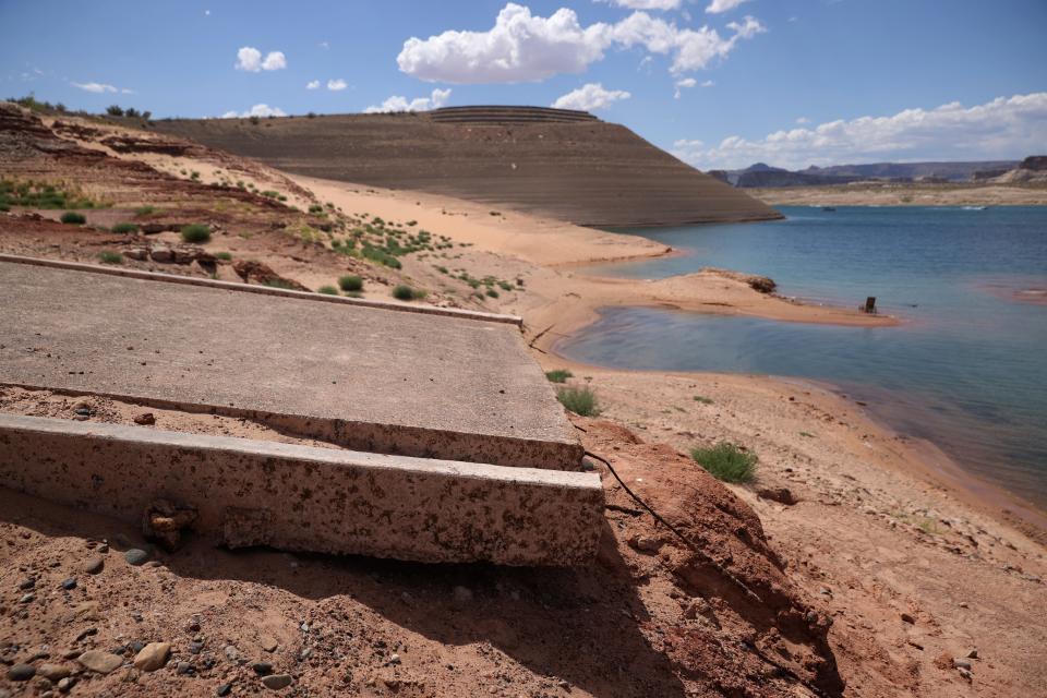 A ramp falls short of reaching the waters of Lake Powell on June 24, 2021, at Lake Powell.