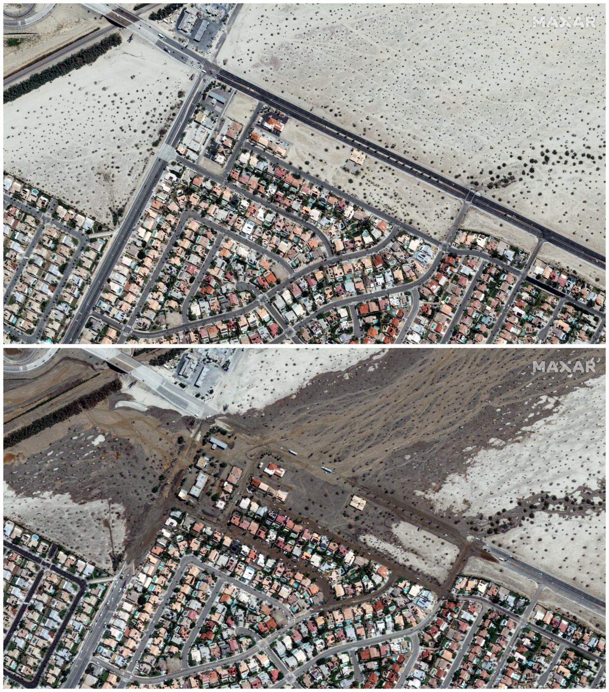 A combination satellite image shows the Cathedral City area before and after flooding caused by Hilary on April 15, 2023 (top) and August 21, 2023 (bottom) (Maxar Technologies/Handout via REUTERS)