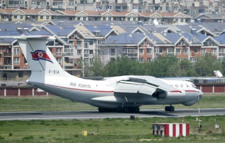 A North Korean Air Koryo Ilyushin IL76M airplane arrives at an airport in Dalian, Liaoning province, China, in this photo taken by Kyodo May 8, 2018. Mandatory credit Kyodo/via REUTERS