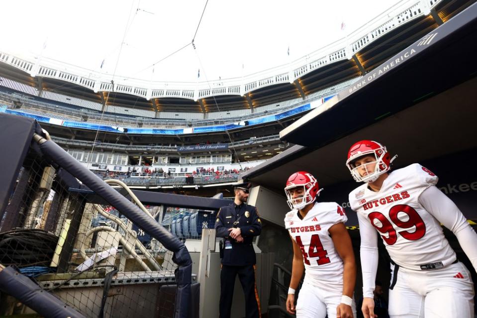 Rutgers football players prior to the win over Miami in the Pinstripe Bowl.