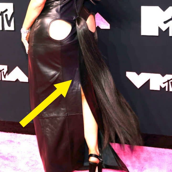 arrow pointing to the pony on the dress