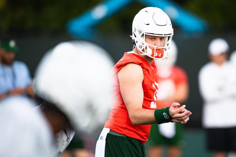 Colorado State football player Clay Millen (11) directs a play on Friday, Aug. 4, 2023, in Fort Collins. The Rams begin their season with a game against Washington State on Sep. 2.