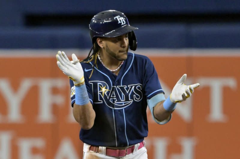 Tampa Bay Rays outfielder Jose Siri hit a 452-foot solo home run in the third inning of a loss to the Milwaukee Brewers on Tuesday in Milwaukee. File Photo by Steve Nesius/UPI