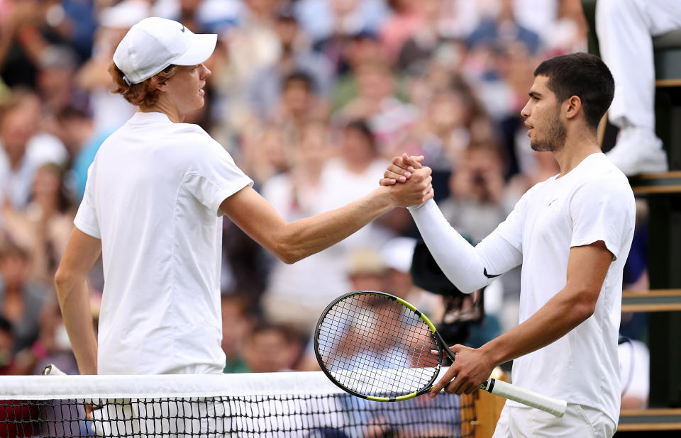 Jannik Sinner and Carlos Alcaraz, pictured here shaking hands after their match at Wimbledon.