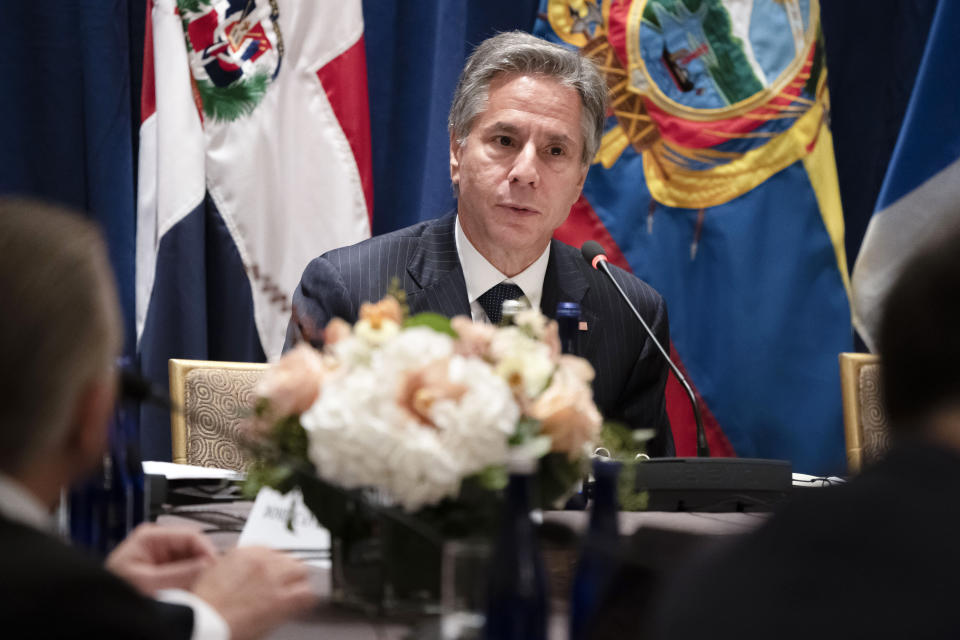 Secretary of State Antony Blinken speaks at the Alliance for Development in Democracy ministerial meeting during the 77th session of the United Nations General Assembly in New York, Tuesday, Sept. 20, 2022. (David Dee Delgado/Pool Photo via AP)