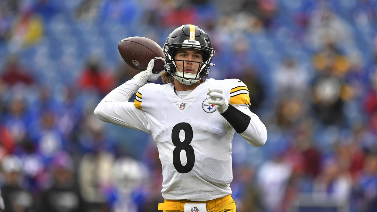 Steelers quarterback Kenny Pickett is hoping his second career NFL start goes better than his first. (AP Photo/Adrian Kraus)