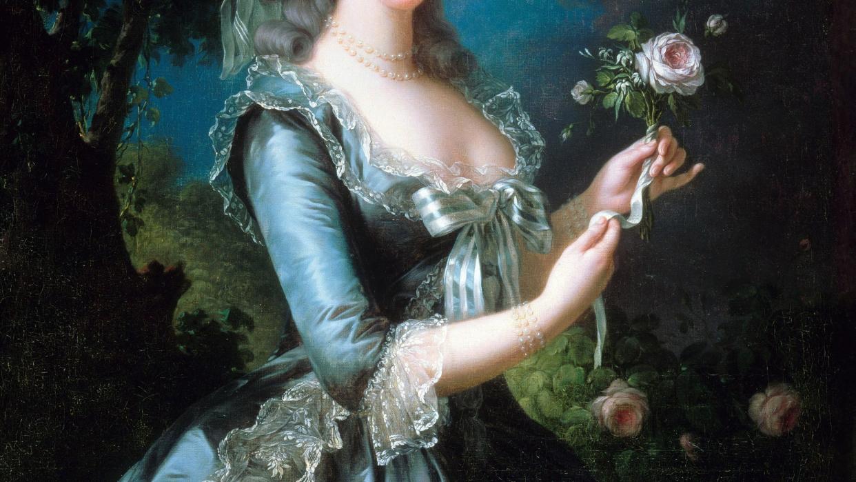 portrait of marie antoinette with the rose oil on canvas, versailles dated 1783 and painted by le brun