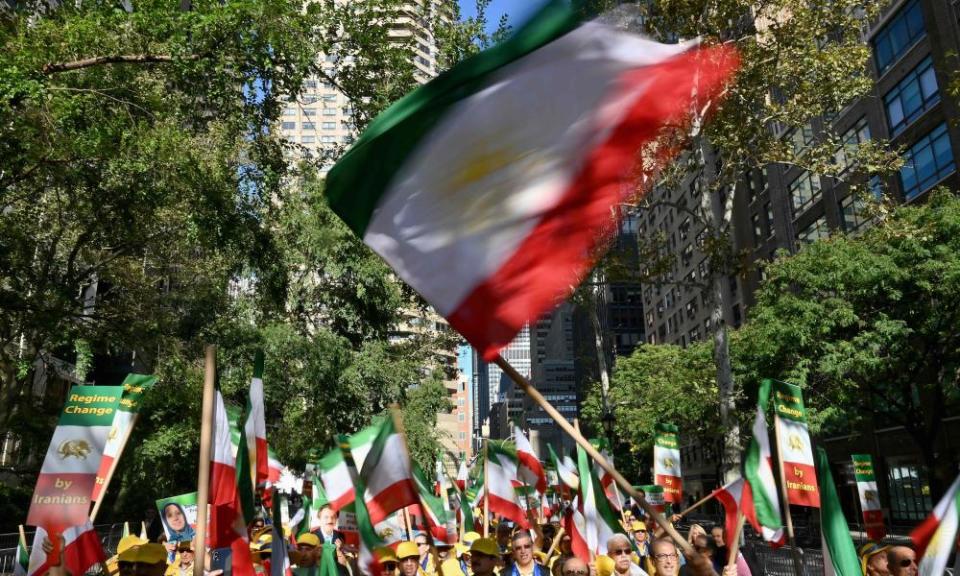 The Organization of Iranian American Communities march to urge ‘recognition of the Iranian people’s right for regime change’, outside the United Nations Headquarters in New York on 24 September 2019.