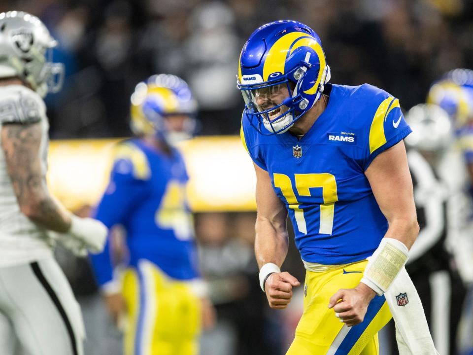 Baker Mayfield celebrates after a play against the Las Vegas Raiders.