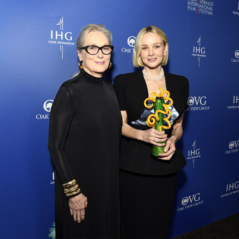 Meryl Streep and Carey Mulligan, winner of the International Star Award for "Maestro," pose backstage during the 35th Annual Palm Springs International Film Awards at Palm Springs Convention Center on January 04, 2024 in Palm Springs, California.