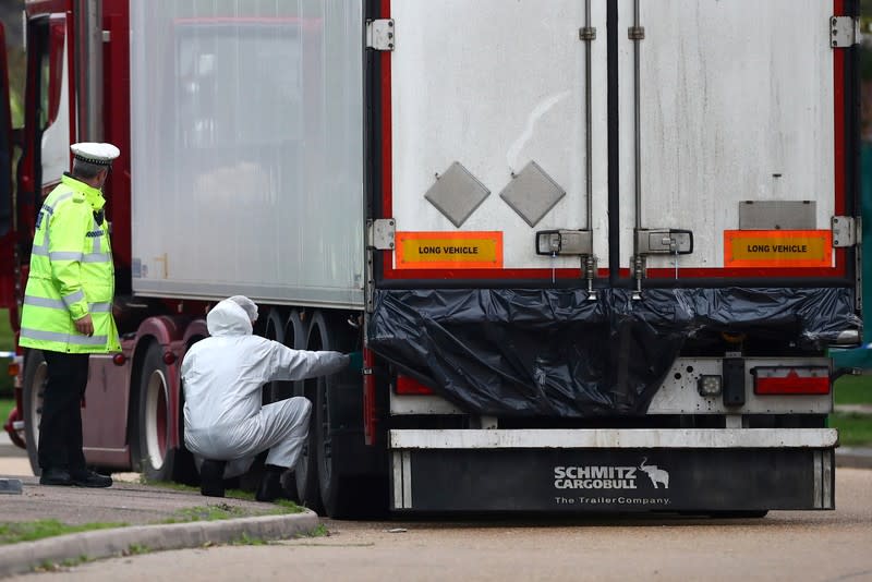 The scene where bodies were discovered in a lorry container, in Grays, Essex