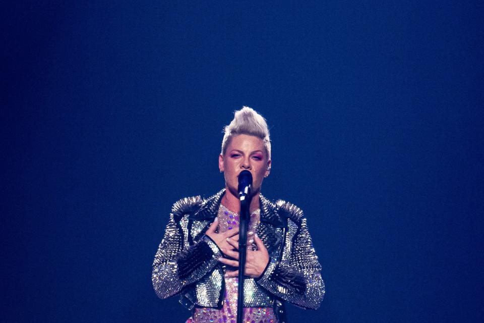 Pink performs on stage at the Paris La Defense Arena, in Nanterre, western Paris, on June 20.