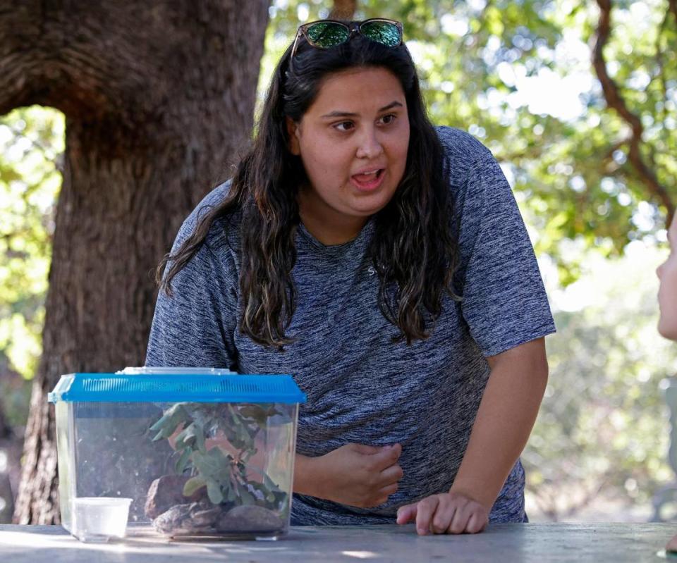 Cross Timbers Forest Preschool teacher Delaney Garcia shows the class a frog at the preschool at the Bob Jones Nature Center and Preserve in Southlake on Friday, Sept. 22, 2023. Children get standard classroom education along with learning on trails and in the forest. The class normally walks a mile a day to study nature.