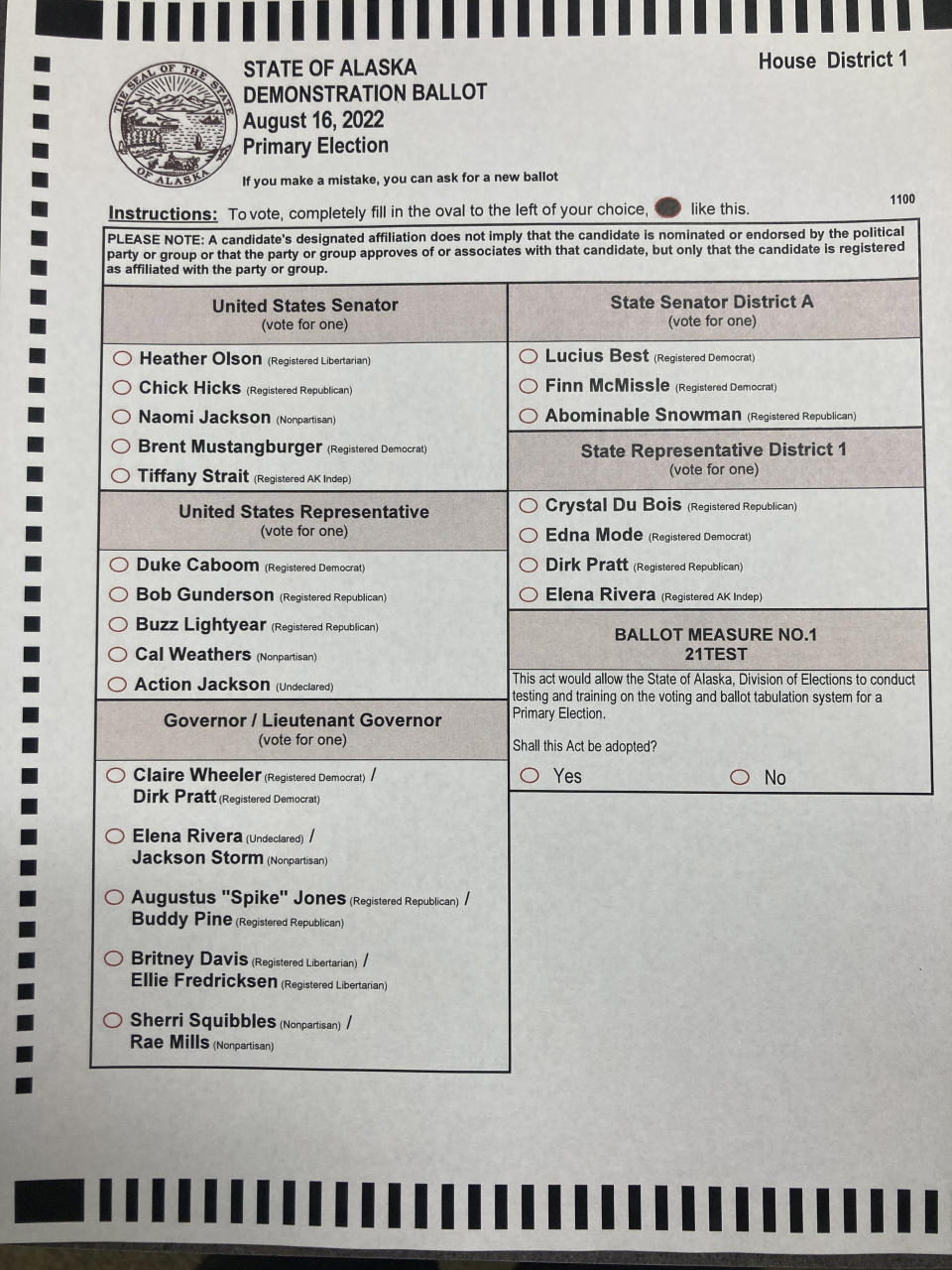 Shown is a primary demonstration ballot at the Alaska Division of Elections office in Anchorage, Alaska on Jan. 21, 2022. Alaska elections will be held for the first time this year under a voter-backed system that scraps party primaries and sends the top four vote-getters regardless of party to the general election, where ranked choice voting will be used to determine a winner. No other state conducts its elections with that same combination. (AP Photo/Mark Thiessen)