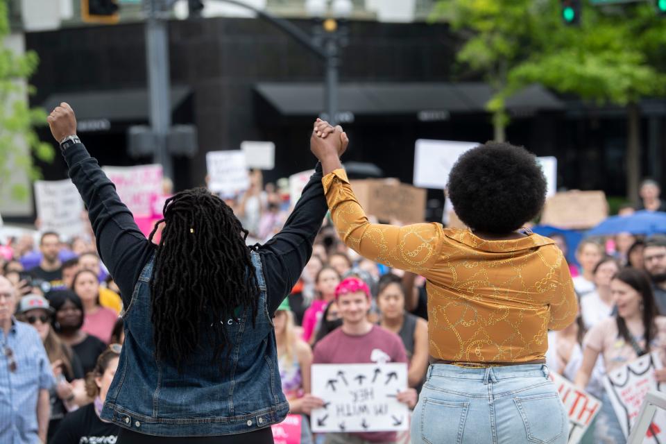 RaCarol Woodard of Springfield, organizing director of the Equity Alliance and Tequila Johnson, Cofounder and Coexecutive director of the Equity Alliance stand together after speaking to demonstrators who gathered to protest the potential overturning of Roe V. Wade after a leaked document revealed the Supreme Court privately voted to strike down the case that guarantees the right to abortion at Federal Courthouse in Nashville , Tenn., Tuesday, May 3, 2022.