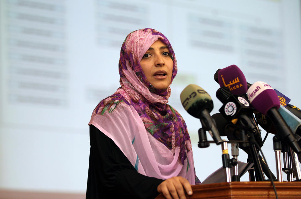 Labelled the 'Iron Woman' and 'Mother of the Revolution' by Yemenis, Tawakkol Karman became the international public face of the 2011 Yemeni uprising. A feminist, human rights activist, Yemeni journalist, politician and senior member of the Al-Islah political party she heads the group 'Women Journalists Without Chains'.  <a href="http://www.huffingtonpost.com/2011/10/07/nobel-peace-prize-winner-karman-profile_n_999774.html" target="_blank">READ MORE HERE.</a>