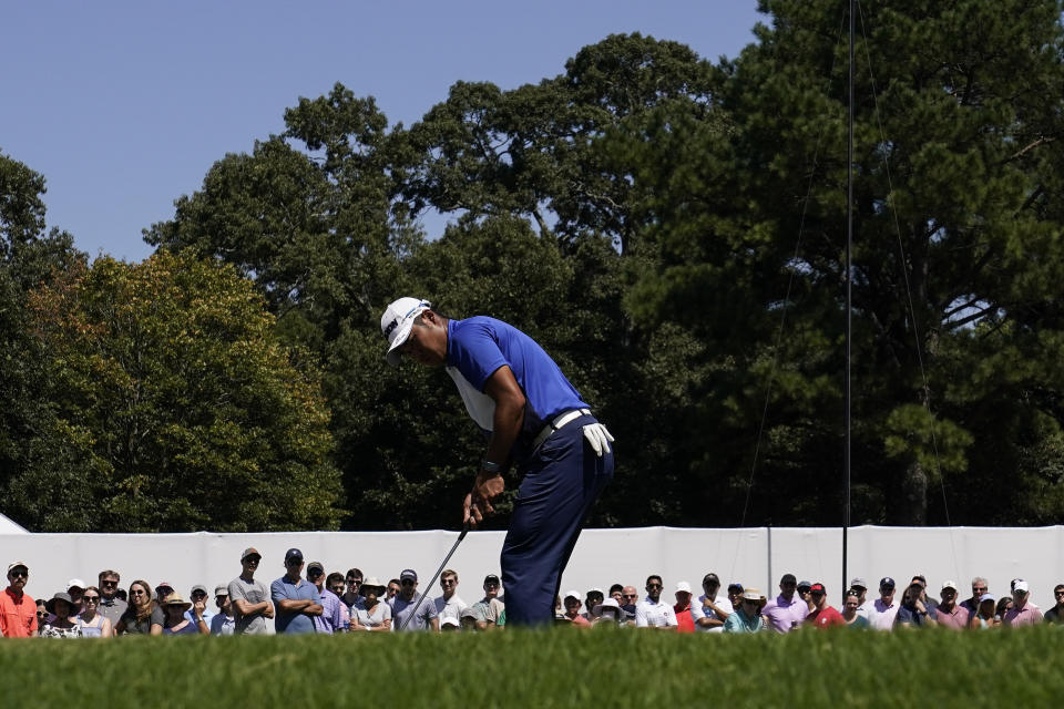 Hideki Matsuyama, of Japan, hits from the third green during the third round of the Tour Championship golf tournament Saturday, Sept. 4, 2021, at East Lake Golf Club in Atlanta. (AP Photo/Brynn Anderson)