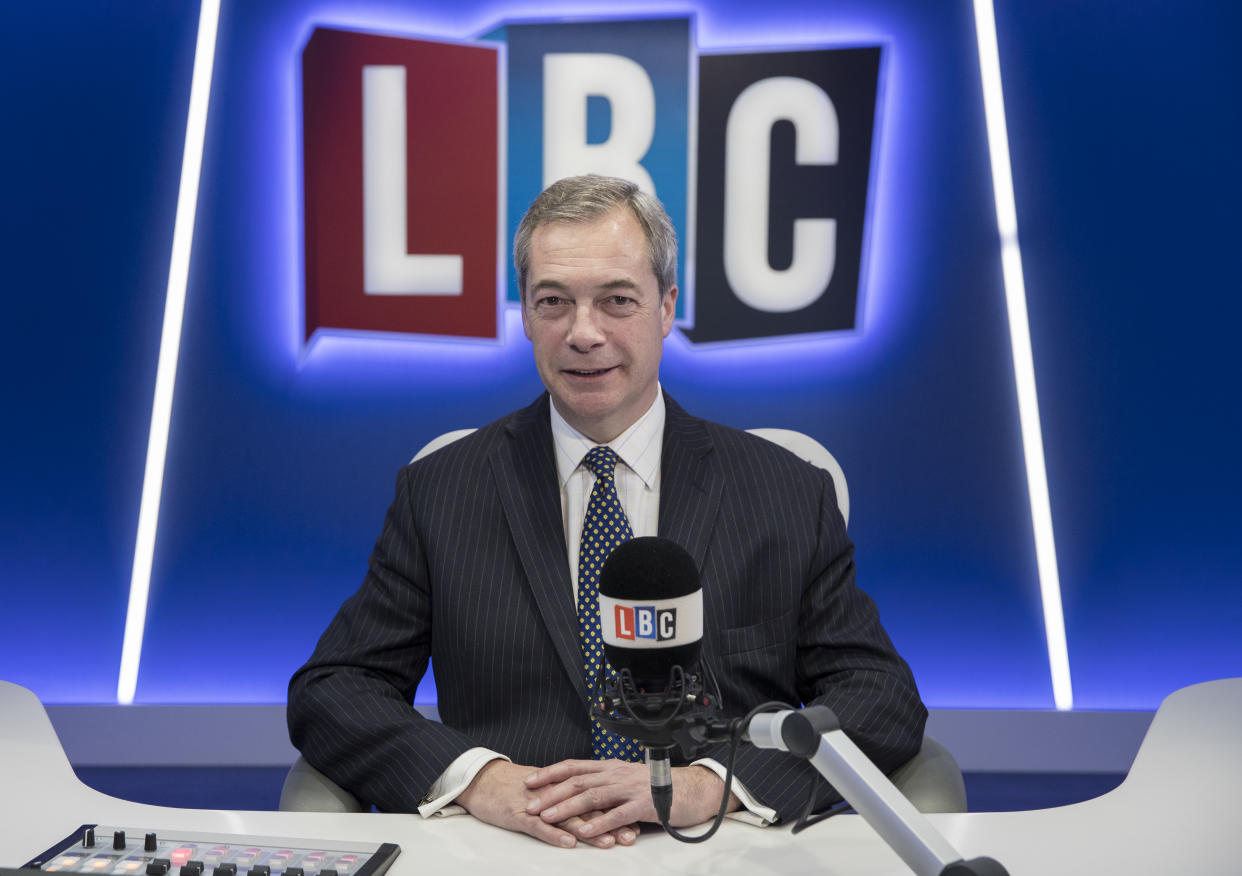 LONDON, ENGLAND - JANUARY 05:  Nigel Farage joins LBC where he will present his own nightly show 'The Nigel Farage Show' which starts on January 9th 2017 at LBC Studio on January 5, 2017 in London, England.  (Photo by John Phillips/Getty Images)