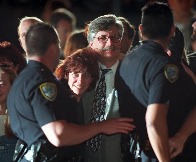 Fred Goldman and his wife Patti leave the courthouse in Santa Monica after the jury found O.J. Simpson guilty in the civil trial involving the murder of Goldman's son Ron. Mandatory Credit: Gina Ferazzi/The LA Times