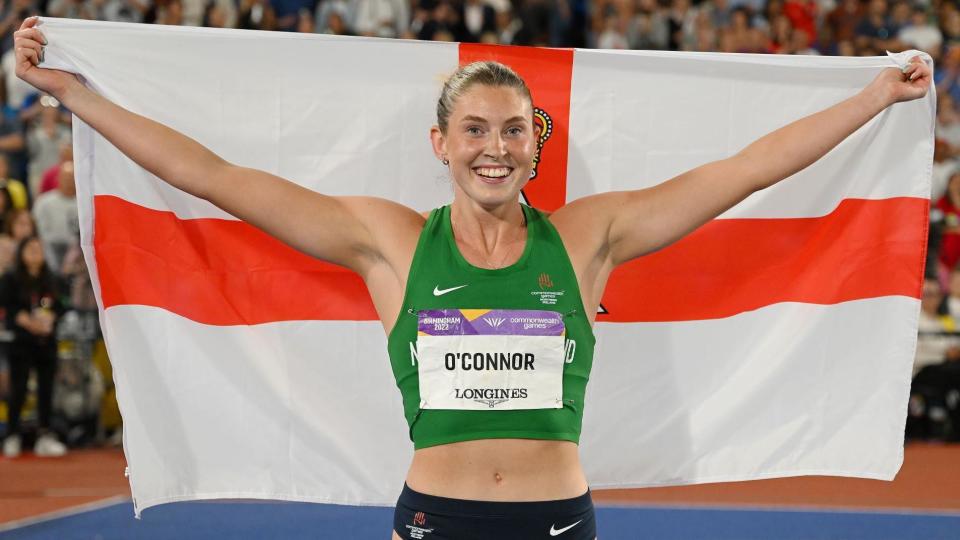 Kate O'Connor celebrates clinching heptathlon silver for Northern Ireland at the 2022 Commonwealth Games in Birmingham