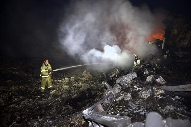 A firefighter extinguishes a fire at the wreckage of Flight MH17 near the town of Shaktarsk, in rebel-held east Ukraine, on July 17, 2014