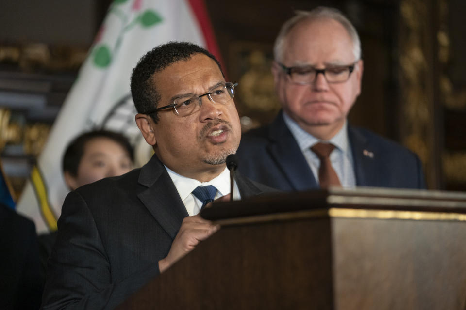 Minnesota Attorney General Keith speaks at a press conference at the State Capitol, Wednesday, Dec. 4, 2019, in St. Paul, Minn. Minnesota is suing Juul Labs, Keith announced Wednesday, accusing the e-cigarette maker of unlawfully targeting young people with its products to get a new generation addicted to nicotine. (Renee Jones Schneider/Star Tribune via AP)