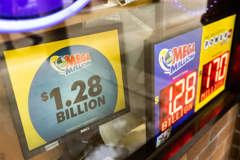 A digital billboard advertising Mega Millions Jackpot of 1.28 billion dollars in New York City