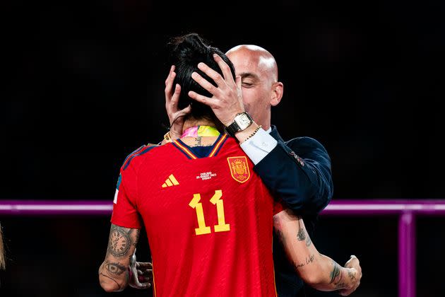 President of the Royal Spanish Football Federation Luis Rubiales kisses Jennifer Hermoso of Spain during the medal ceremony of FIFA Women's World Cup on Aug. 20 in Sydney, Australia.