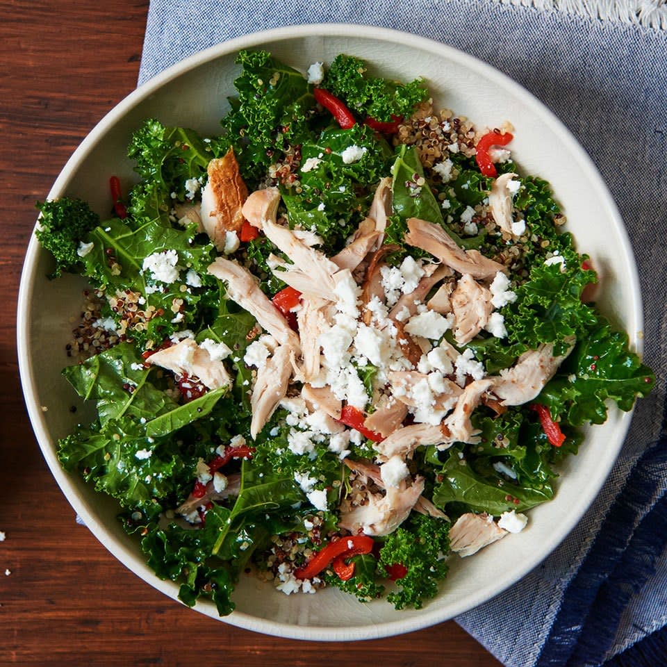 <p>Toss the cooked chicken into this healthy 5-ingredient salad recipe while it's still warm to lightly wilt the kale, making it softer and easier to eat. Using store-bought salad dressing saves time, but you could also make your own Mediterranean vinaigrette.</p>