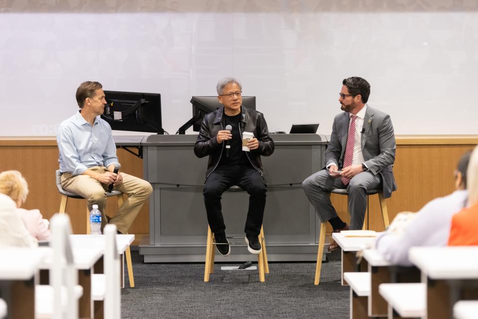 UF President Ben Sasse talks about Artificial Intelligence (AI) with Jensen Huang, founder and CEO of NVIDIA, an AI and accelerated computing company. The event, held at the University of Florida on Friday, Nov. 3, 2023, was moderated by Engineering Interim Dean Forrest Masters.