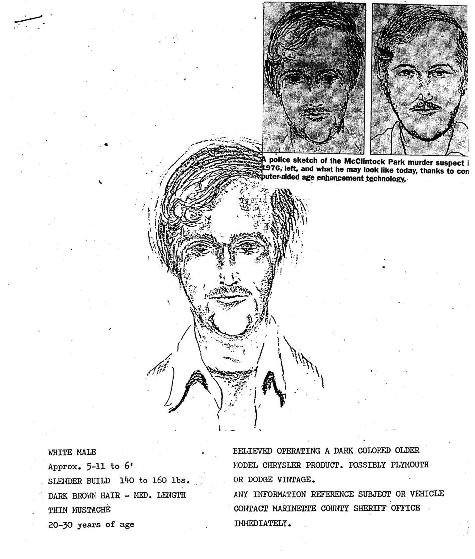 In this 1976 police sketch provided by the Marinette County Sheriff's Office is the initial police sketch of a suspect shortly after the 1976 murders of David Schuldes and Ellen Matheys. Prosecutors said they used DNA and genetic genealogy to connect Raymand Vannieuwenhoven to the killings 43 years ago of the young couple. Vannieuwenhoven, 82, a widower and father of five grown children had lived quietly for two decades among the 800 residents of Lakewood, a northern Wisconsin town about 25 miles southwest from the site of the murders. Now he was being held on a $1 million bond. (Marinette County Sheriff via AP)