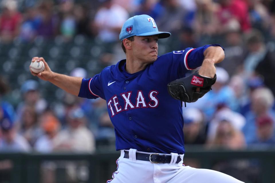 Mar 8, 2024; Surprise, Arizona, USA; Texas Rangers starting pitcher Jack Leiter (71) pitches against the Kansas City Royals during the first inning at Surprise Stadium. Mandatory Credit: Joe Camporeale-USA TODAY Sports