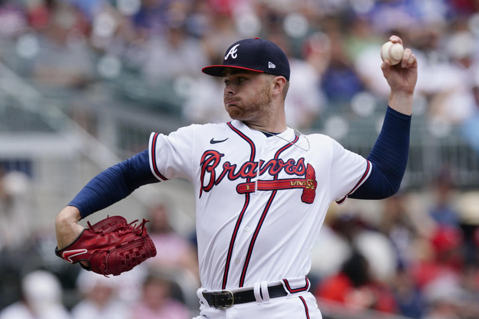 Atlanta Braves relief pitcher Sean Newcomb (15) works in the fifth inning of a baseball game against the Washington Nationals, Thursday, June 3, 2021, in Atlanta. (AP Photo/John Bazemore)