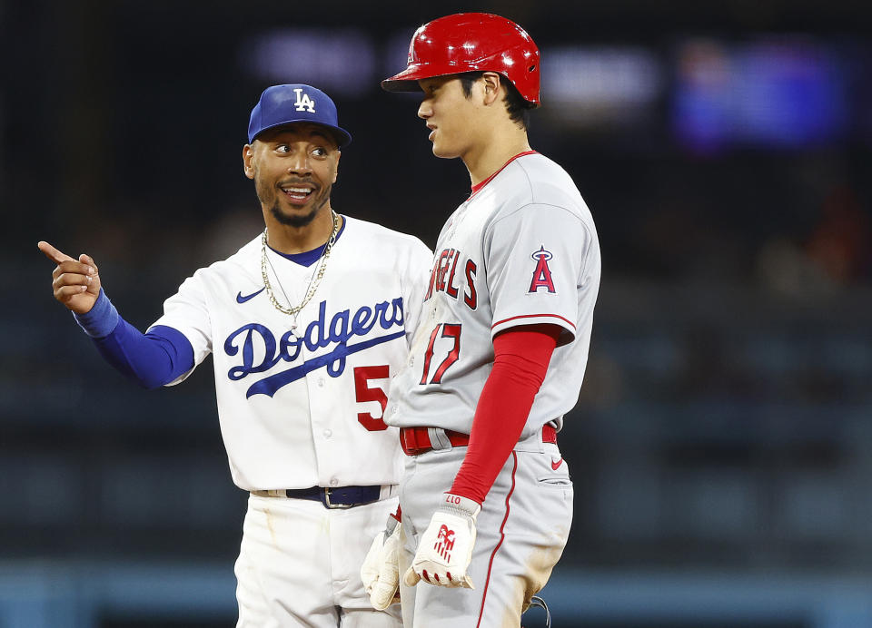 Was Mookie Betts making a sales pitch to Shohei Ohtani in July? (Photo by Ronald Martinez/Getty Images)
