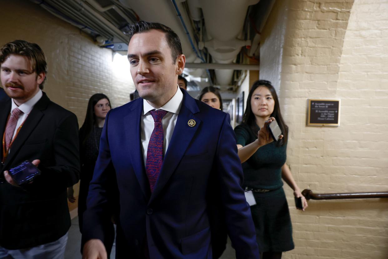 Rep. Mike Gallagher, R-Wis., departs from a House Republican caucus meeting at the U.S. Capitol on February 06, 2024 in Washington, DC.