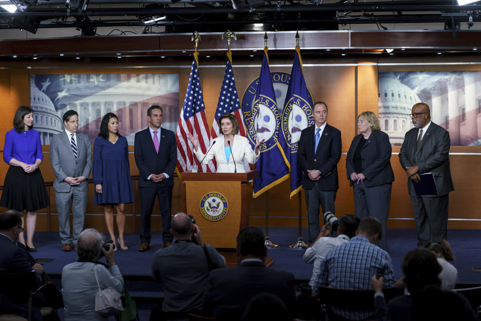 Speaker of the House Nancy Pelosi, D-Calif., announces Democratic appointments to a new select committee to investigate the violent Jan. 6 insurrection at the Capitol, on Capitol Hill in Washington, Thursday, July 1, 2021. From left are Rep. Elaine Luria, D-Va., Rep. Jamie Raskin, D-Md., Rep. Stephanie Murphy, D-Fla., Rep. Pete Aguilar, D-Calif., Rep. Adam Schiff, D-Calif., Rep. Zoe Lofgren, D-Calif., and Rep. Bennie Thompson D-Miss., who will lead the panel. Rep. Liz Cheney, R-Wyo., who was ousted from the GOP leadership for criticizing Trump, accepted Pelosi's invitation to join the committee. (J. Scott Applewhite/AP)  

                                                                                                                                                                                                                                                                                