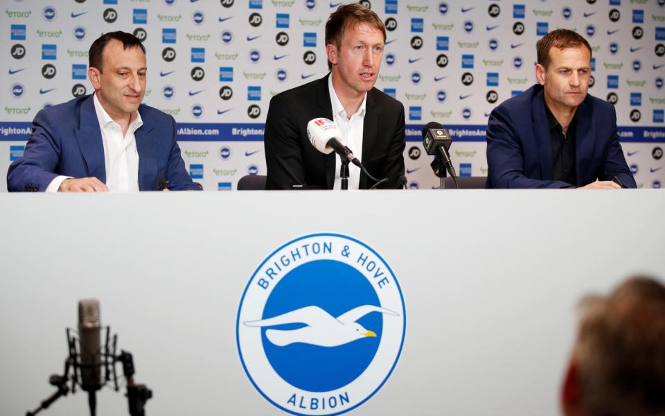 Dan Ashworth at Brighton at the unveiling of Graham Potter as manager, along with owner Tony Bloom