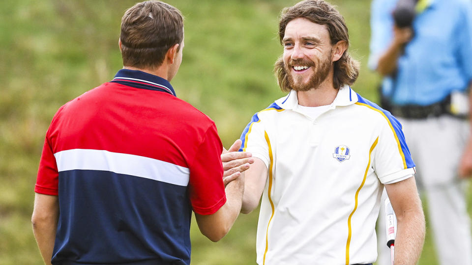 Tommy Fleetwood and Jordan Spieth, pictured here after tying their singles match at the Ryder Cup.