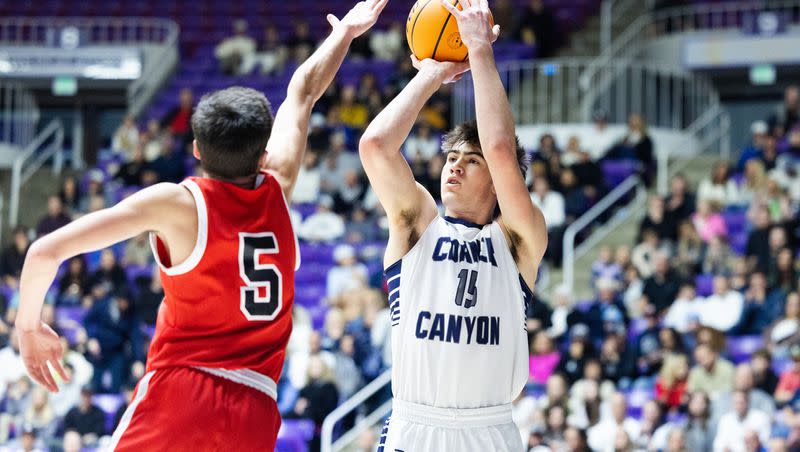 Corner Canyon plays American Fork during the 6A boys basketball finals at the Dee Events Center at Weber State in Ogden on Mar. 4, 2023.