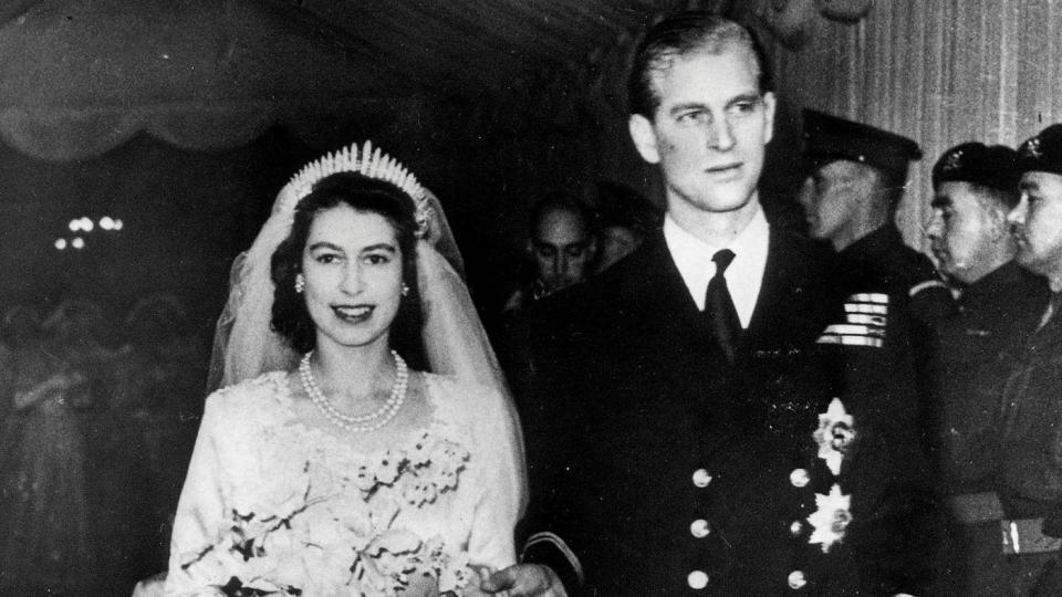 London, England. 20th November, 1947. Princess Elizabeth (later Queen Elizabeth II) and Philip Mountbatten pictured leaving Westminster Abbey after their wedding ceremony.