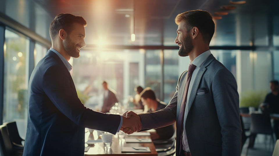 A professional banker shaking hands with an entrepreneur in a boardroom setting.