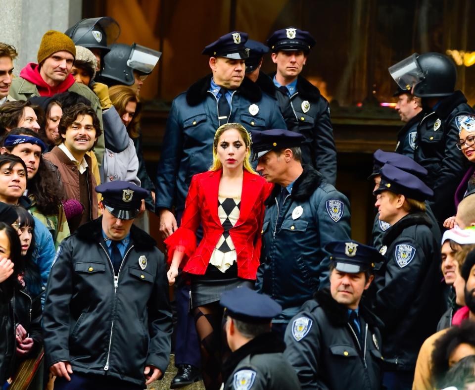 NEW YORK, NEW YORK - MARCH 25: Lady Gaga on location for the first day of filming &#39;Joker: Foie a Deux&#39;   on March 25, 2023 in New York City. (Photo by Raymond Hall/GC Images)