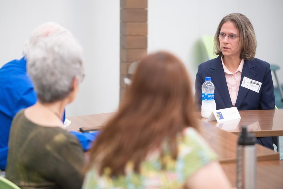Topeka city manager candidate Abbe Yacoben listens to community members during Tuesday's public meet and greet at Bishop Professional Development Center. Yacoben is the deputy finance director and treasurer for the city of Las Vegas.